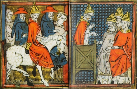 Papst Urban II. reist nach Clermont um den Kreuzzug zu predigen (Miniatur um 1350)